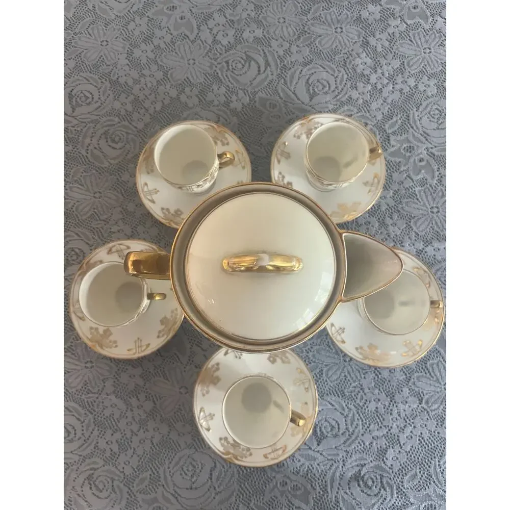 Antique C.S. Prussia Porcelain Chocolate Demitasse Set 11 Pc White Gold Art